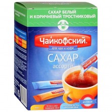 Сахар порционный Чайкофский ассорти белый/тростниковый в стиках по 5 г (60 штук в упаковке)